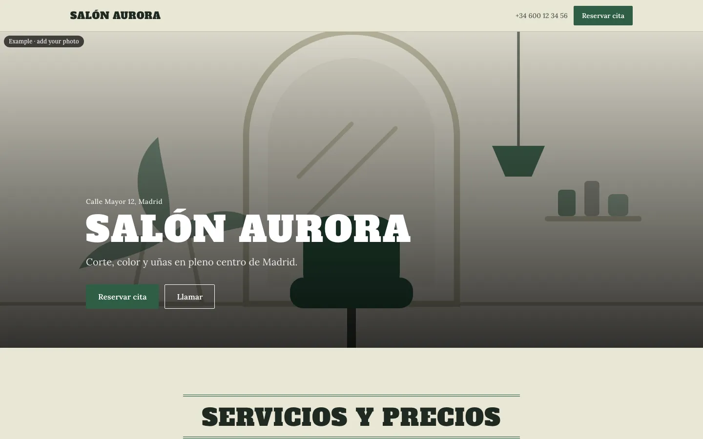 A salon website and the owner's Today screen in Statio CRM